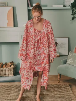 Laura Ashley Pink Peony Cotton Scalloped Woven Robe Outlet