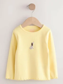 Next Long sleeve Embroidered Ribbed Top (3mths-7yrs) Lemon Yellow Dog Sale