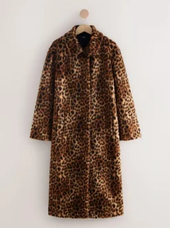 Next Leopard Print Faux Fur Long Coat New