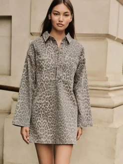Next Mini Long Sleeve Utility Denim Dress Leopard Print New