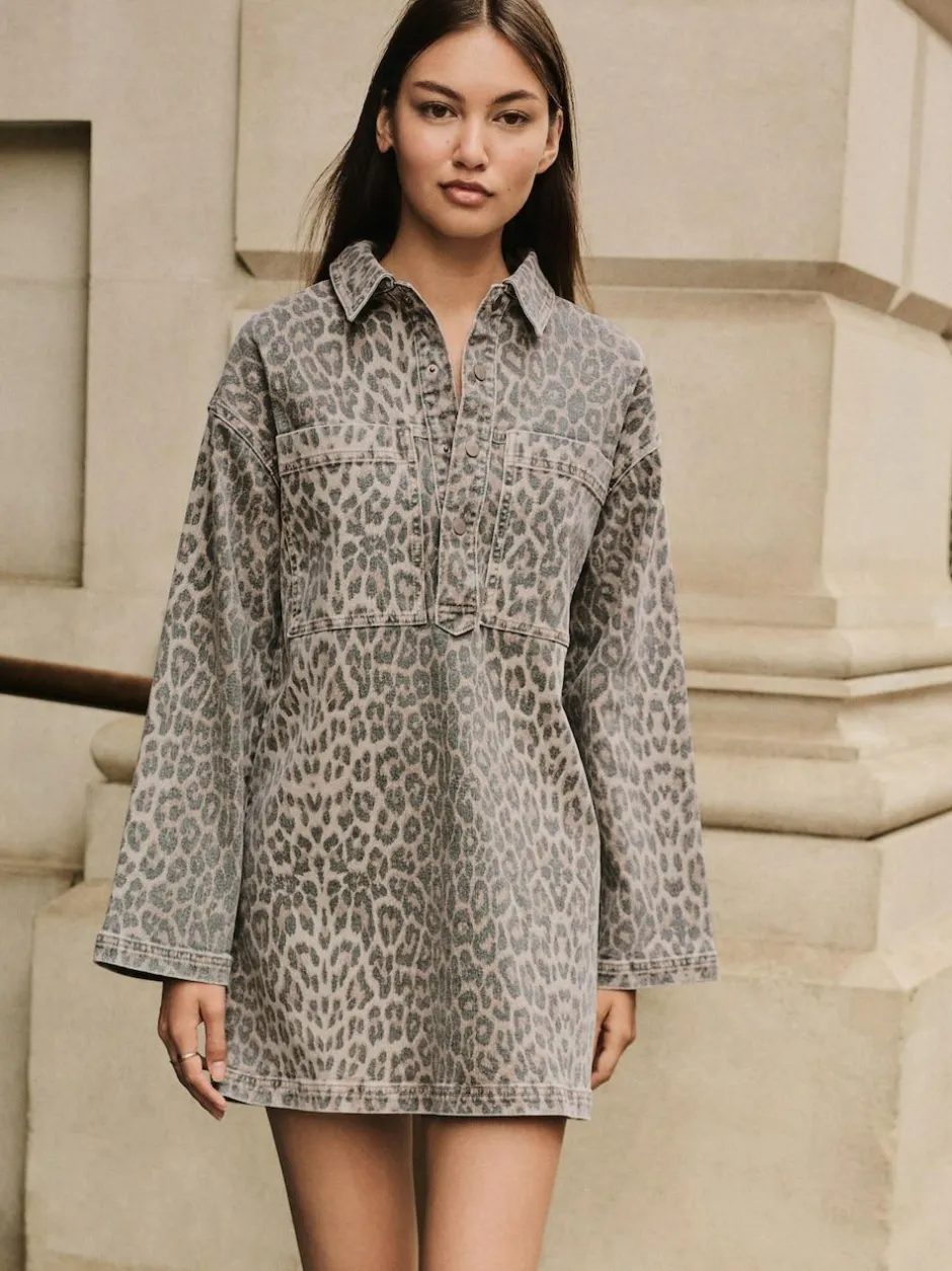 Next Mini Long Sleeve Utility Denim Dress Leopard Print New