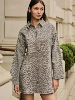 Next Mini Long Sleeve Utility Denim Dress Leopard Print New