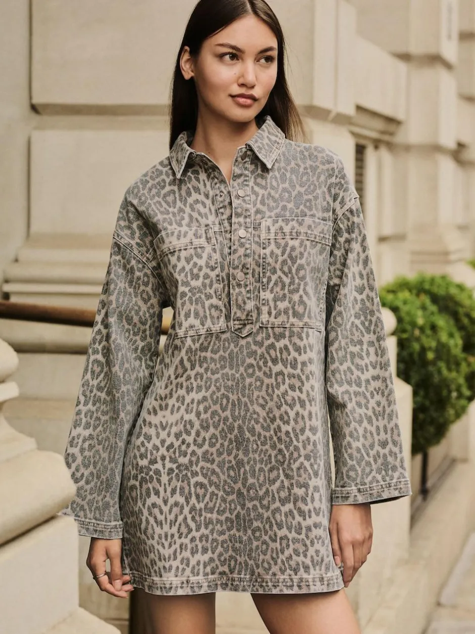 Next Mini Long Sleeve Utility Denim Dress Leopard Print New