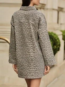 Next Mini Long Sleeve Utility Denim Dress Leopard Print New