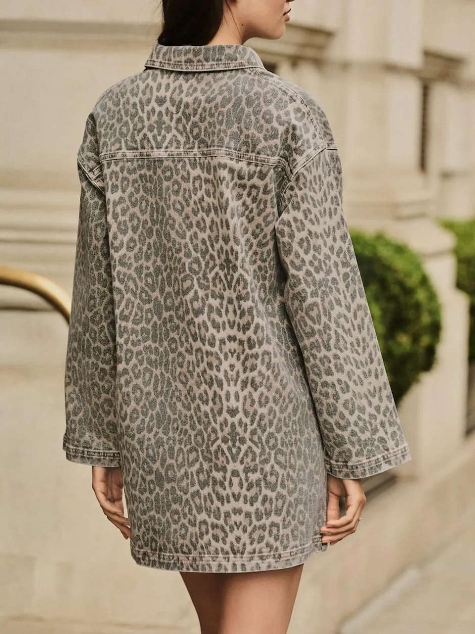 Next Mini Long Sleeve Utility Denim Dress Leopard Print New