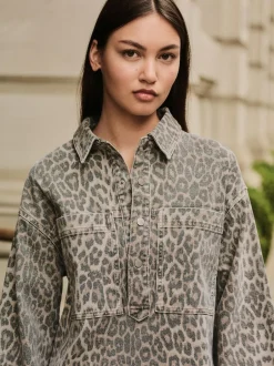 Next Mini Long Sleeve Utility Denim Dress Leopard Print New