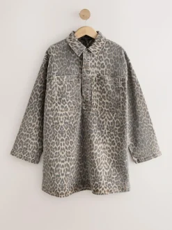 Next Mini Long Sleeve Utility Denim Dress Leopard Print New