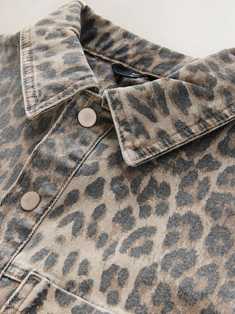 Next Mini Long Sleeve Utility Denim Dress Leopard Print New