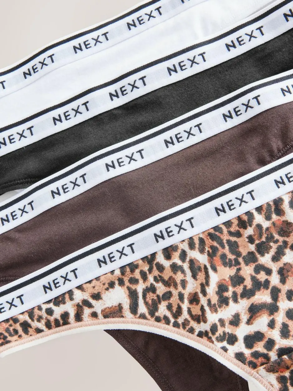 Next Thong Cotton Logo Knickers 4 Pack Leopard Print New