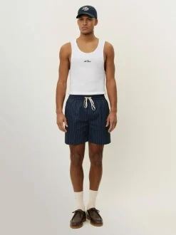 Les Deux Stan Stripe Seersucker Swim Shorts Navy Blue Clearance