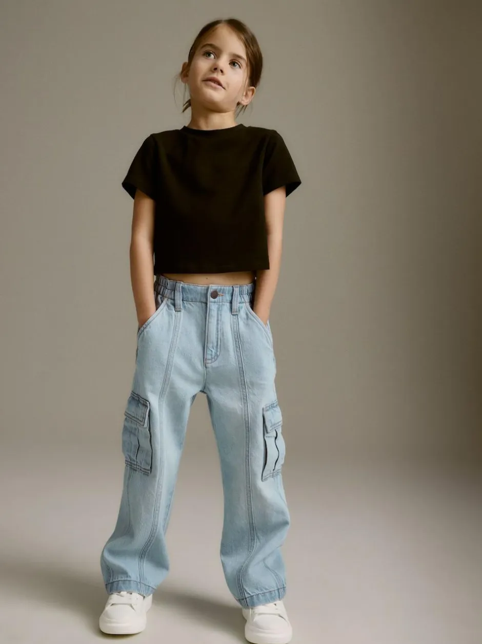 Next Wide Leg Cargo Jeans (3-16yrs) Light Blue Denim Outlet