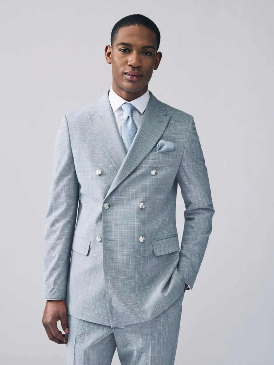 Next Light Blue Double Breasted Check Suit Jacket Best