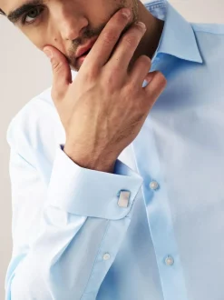 Next Regular Fit Easy Care Double Cuff Smart Shirt Light Blue Clearance