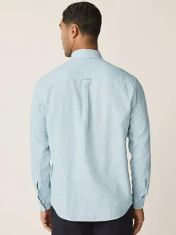 Next Standard Collar Cotton Linen Blend Long Sleeve Shirt Light Blue Discount