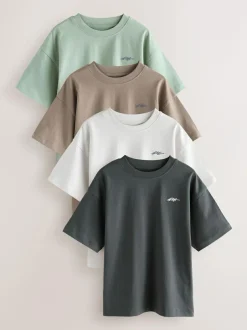 Next Short Sleeve Logo Chest Graphic T-Shirts 4 Pack (3-16yrs) Light Grey/Brown/Dark Grey/Green Sale