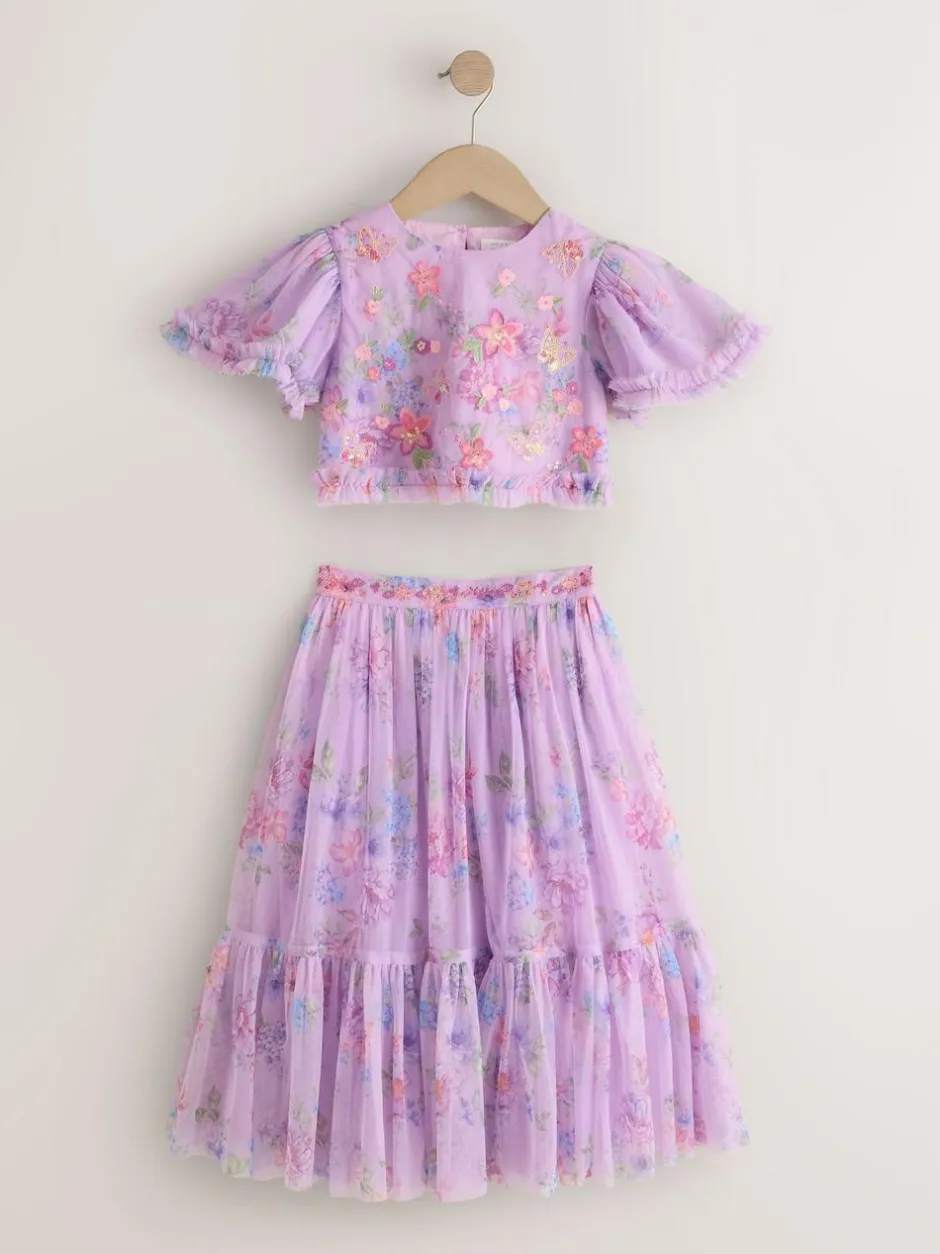 Next Lilac Purple Floral Embellished Top and Skirt Lehenga Set (3-16yrs) Hot
