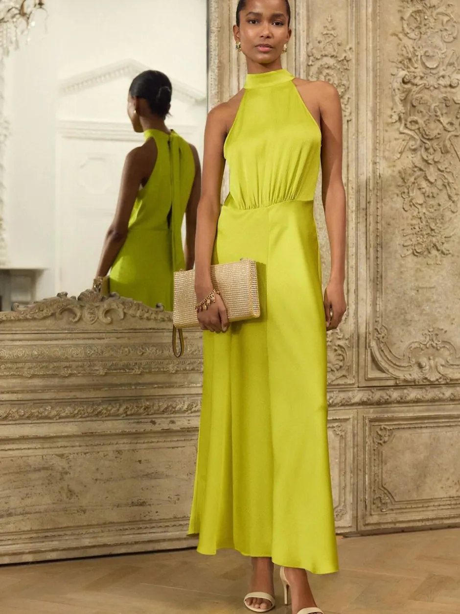 Next Lime Green Textured Satin Halter Sleeveless Midi Dress Online