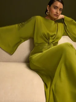 Next Twist Front Long Sleeve Satin Maxi Dress Lime Green Outlet