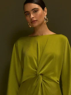 Next Twist Front Long Sleeve Satin Maxi Dress Lime Green Outlet