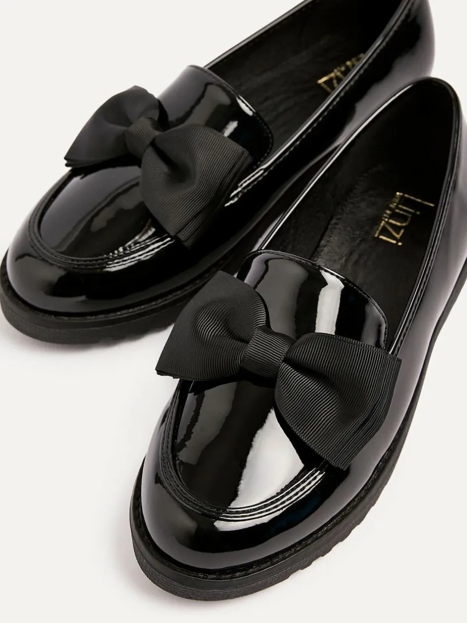 Linzi Black Wide Fit Violetta Classic Slip-On Loafers With Fabric Bow Detail