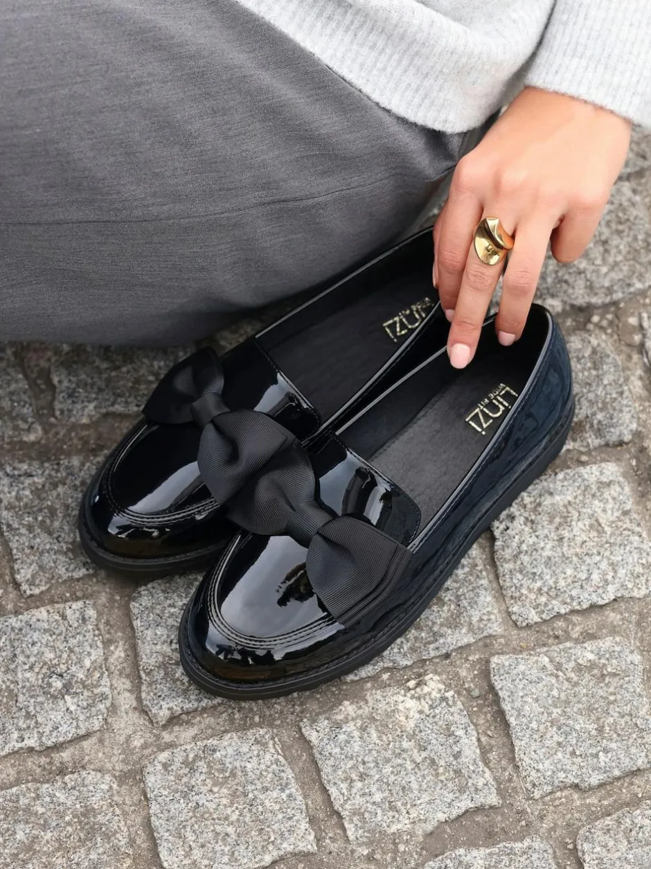 Linzi Black Wide Fit Violetta Classic Slip-On Loafers With Fabric Bow Detail