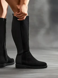 Linzi Wide Fit Wide Fit Steel High Leg Boots With Stretch Panel Black Clearance