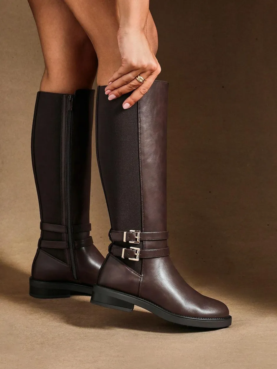 Linzi Brown Fierce High Leg Boots With Double Buckle Detail Outlet