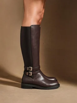 Linzi Brown Fierce High Leg Boots With Double Buckle Detail Outlet