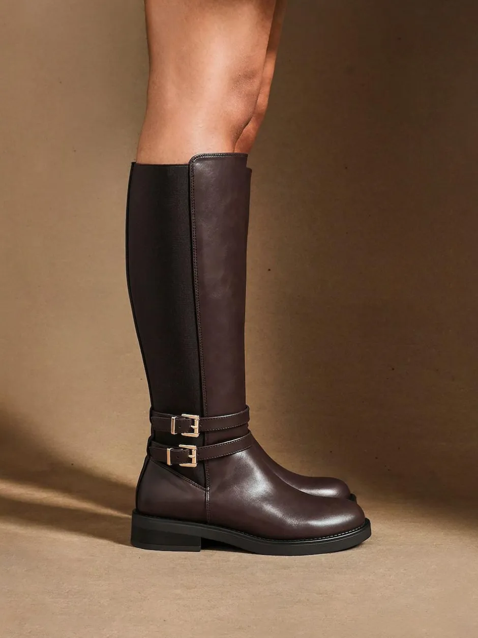 Linzi Brown Fierce High Leg Boots With Double Buckle Detail Outlet