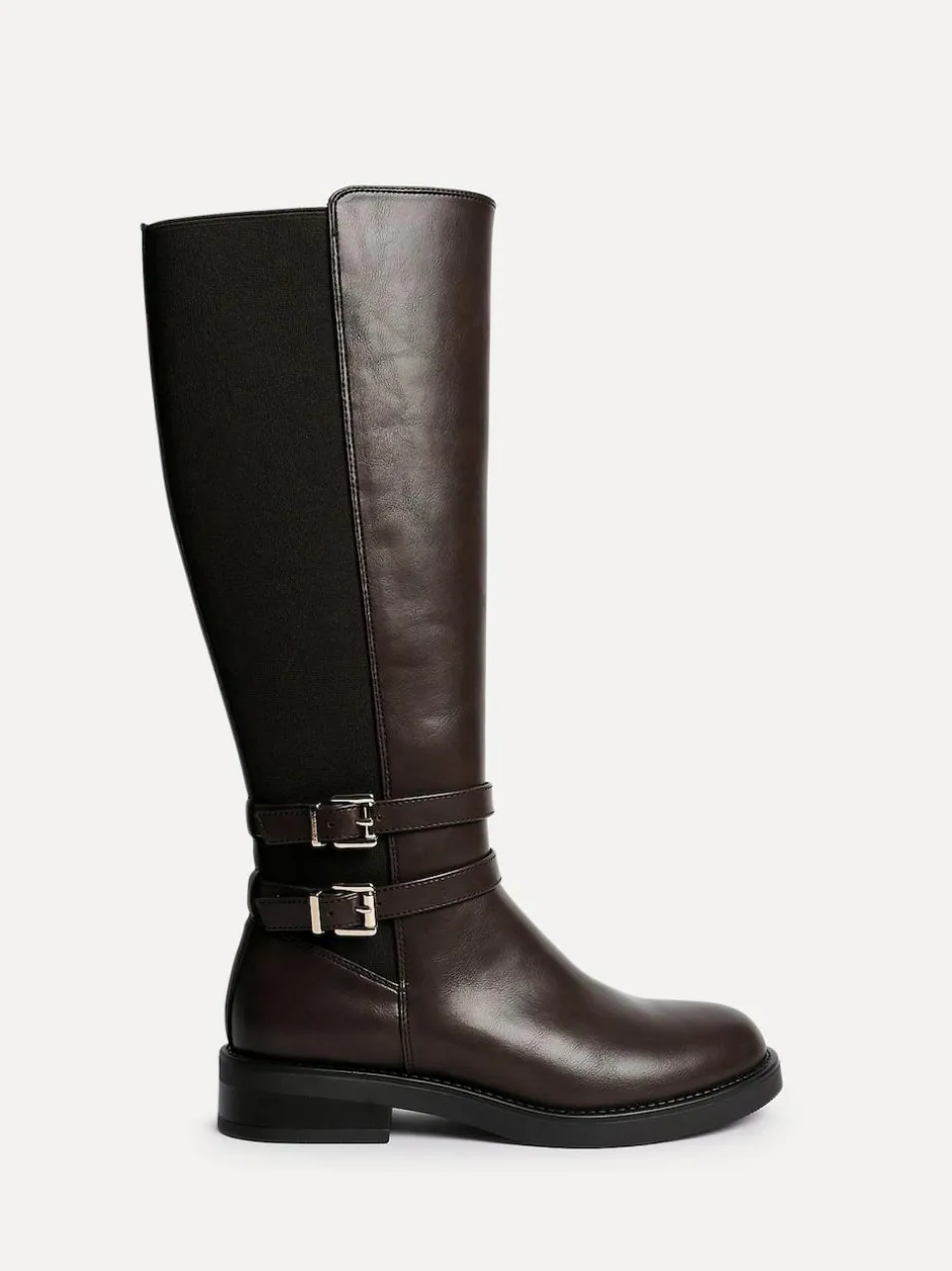 Linzi Brown Fierce High Leg Boots With Double Buckle Detail Outlet