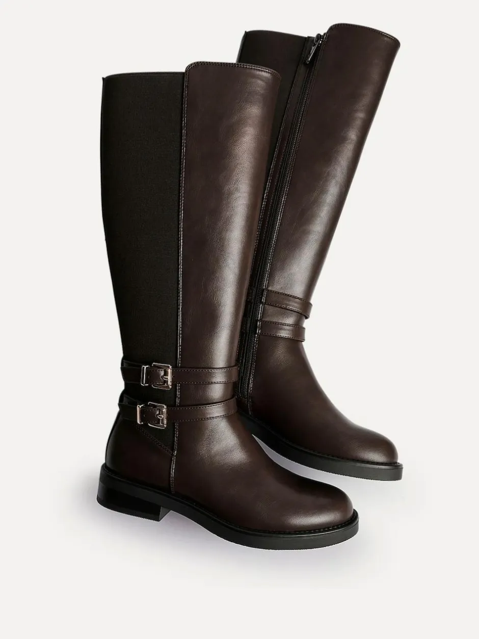Linzi Brown Fierce High Leg Boots With Double Buckle Detail Outlet