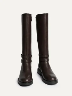 Linzi Brown Fierce High Leg Boots With Double Buckle Detail Outlet
