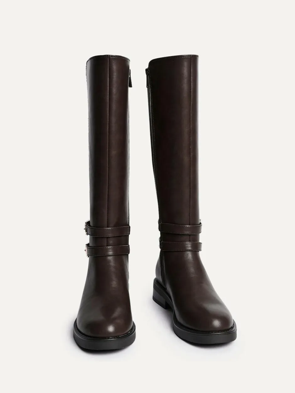 Linzi Brown Fierce High Leg Boots With Double Buckle Detail Outlet