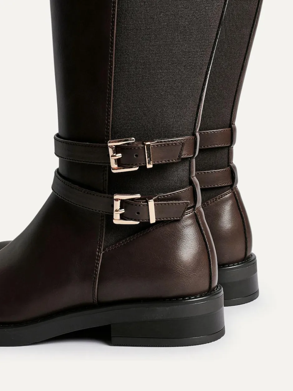 Linzi Brown Fierce High Leg Boots With Double Buckle Detail Outlet