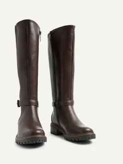 Linzi Gilded High Leg Boots With Stretch Side Panel and Buckle Detail Brown Best