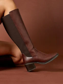 Linzi Reason Block Heel High Leg Boots With Back Stretch Panel Brown Outlet