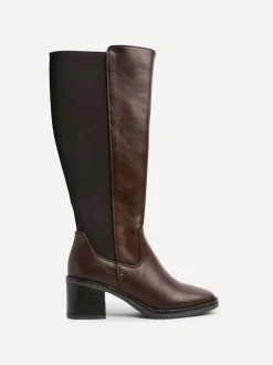 Linzi Reason Block Heel High Leg Boots With Back Stretch Panel Brown Outlet