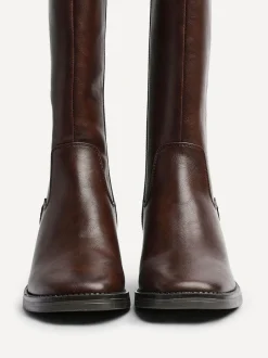 Linzi Reason Block Heel High Leg Boots With Back Stretch Panel Brown Outlet