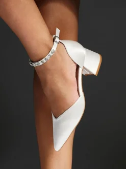 Linzi Ivory Bridal Jordanna Low Block Court Heels With Embellished Ankle Strap Clearance