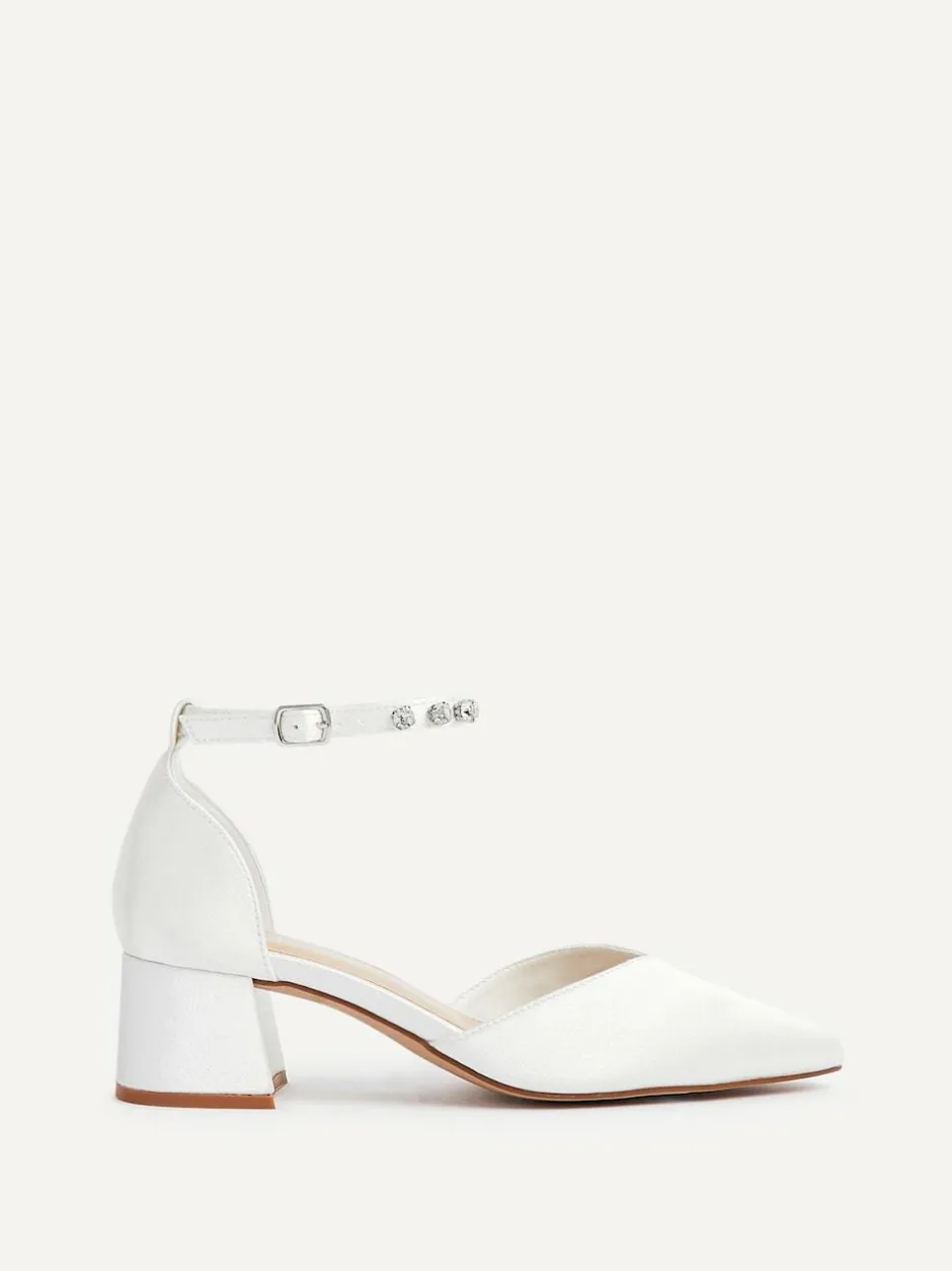 Linzi Ivory Bridal Jordanna Low Block Court Heels With Embellished Ankle Strap Clearance