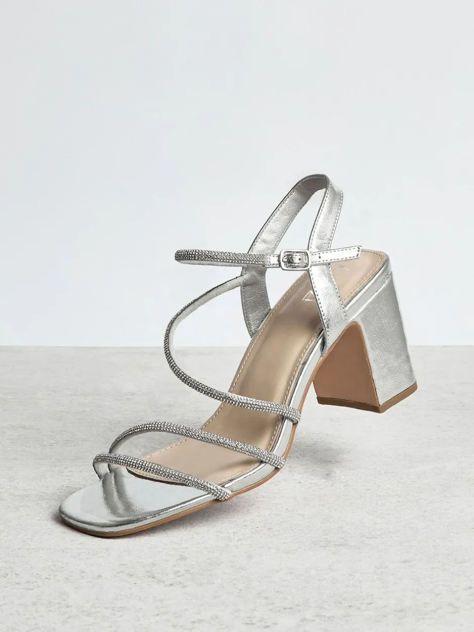 Linzi Kira Strappy Diamante Block Heeled Sandals Silver Outlet
