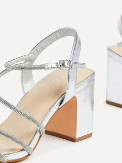 Linzi Kira Strappy Diamante Block Heeled Sandals Silver Outlet