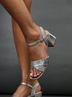 Linzi Vivian Wide Fit Heeled Sandals With Crossover Front Strap Silver Discount