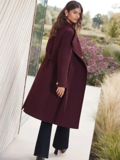 Lipsy Asymmetrical Funnel Neck Belted Coat Berry Red Outlet