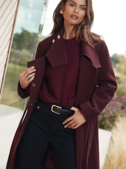 Lipsy Asymmetrical Funnel Neck Belted Coat Berry Red Outlet