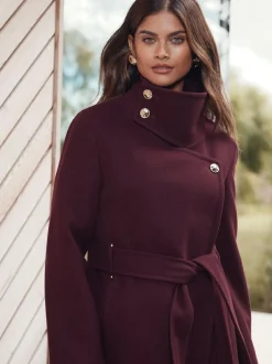 Lipsy Asymmetrical Funnel Neck Belted Coat Berry Red Outlet