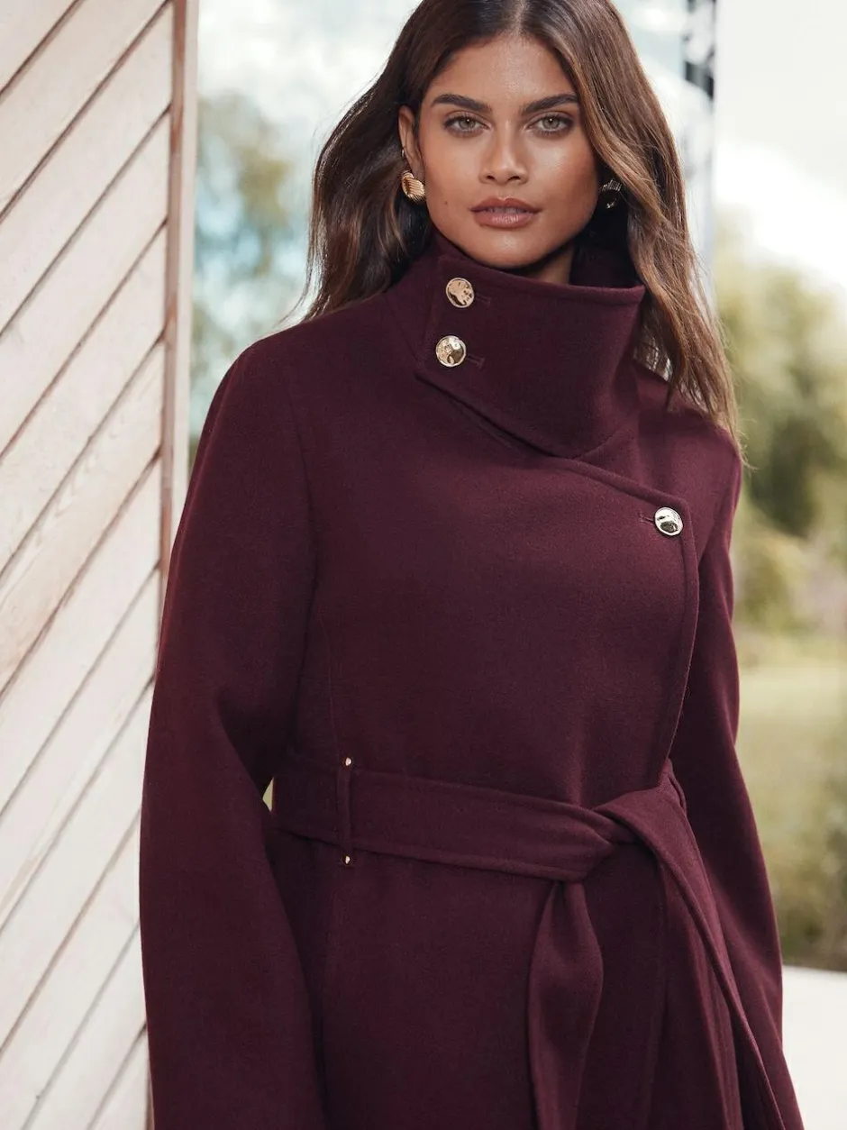 Lipsy Asymmetrical Funnel Neck Belted Coat Berry Red Outlet