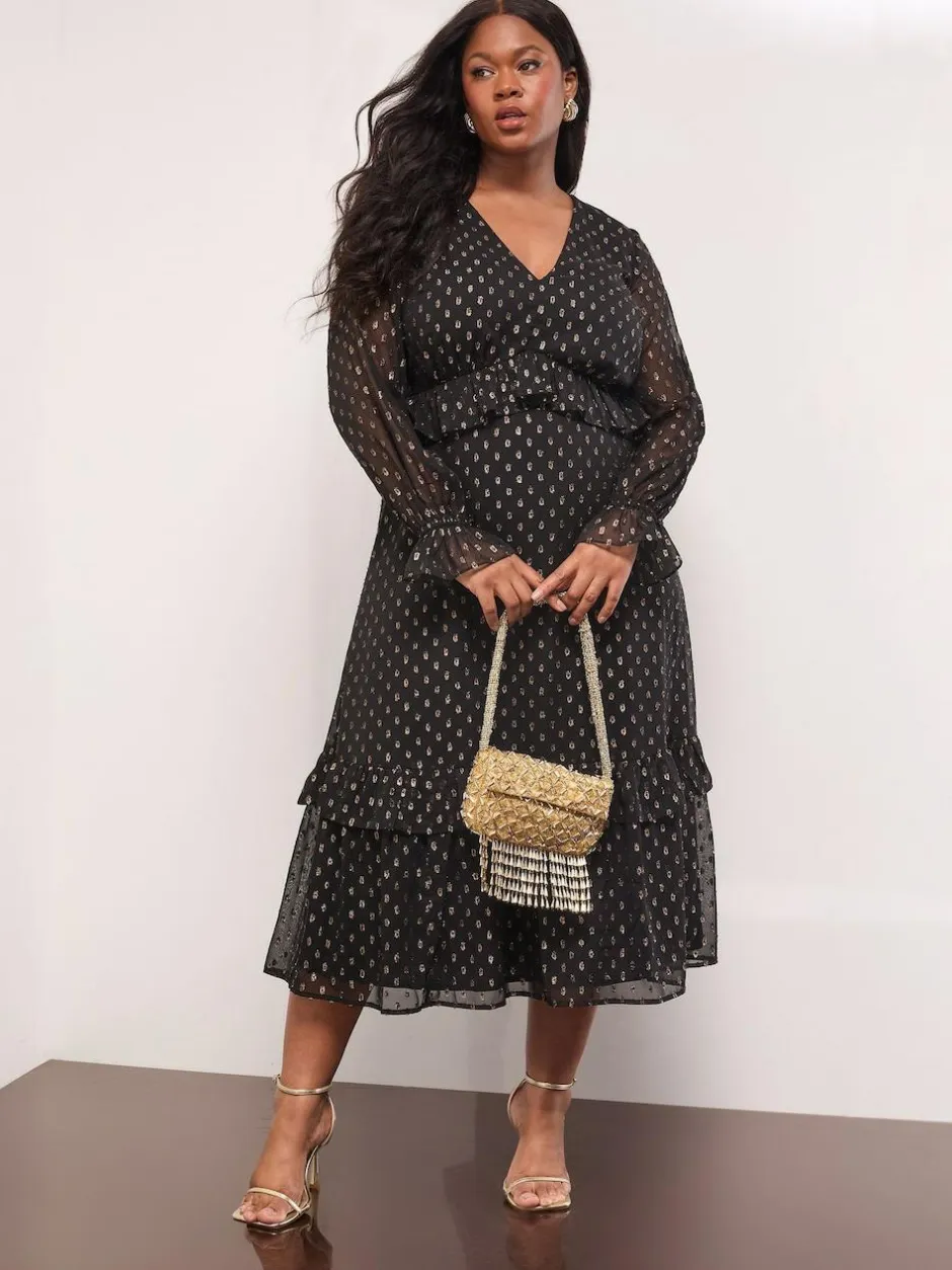 Lipsy Black Curve Metallic Spot V-Neck Ruffle Midi Dress New