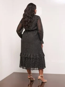 Lipsy Black Curve Metallic Spot V-Neck Ruffle Midi Dress New
