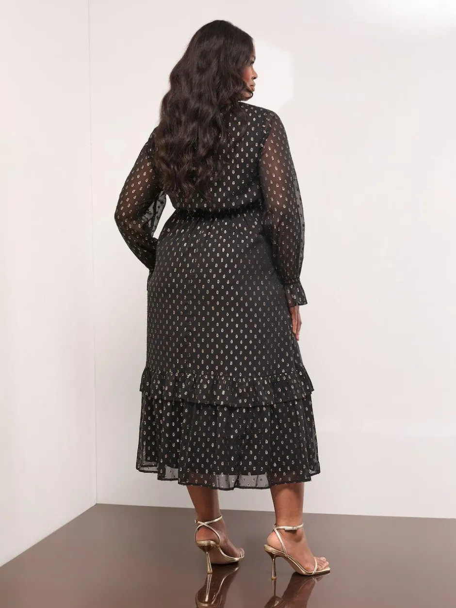 Lipsy Black Curve Metallic Spot V-Neck Ruffle Midi Dress New